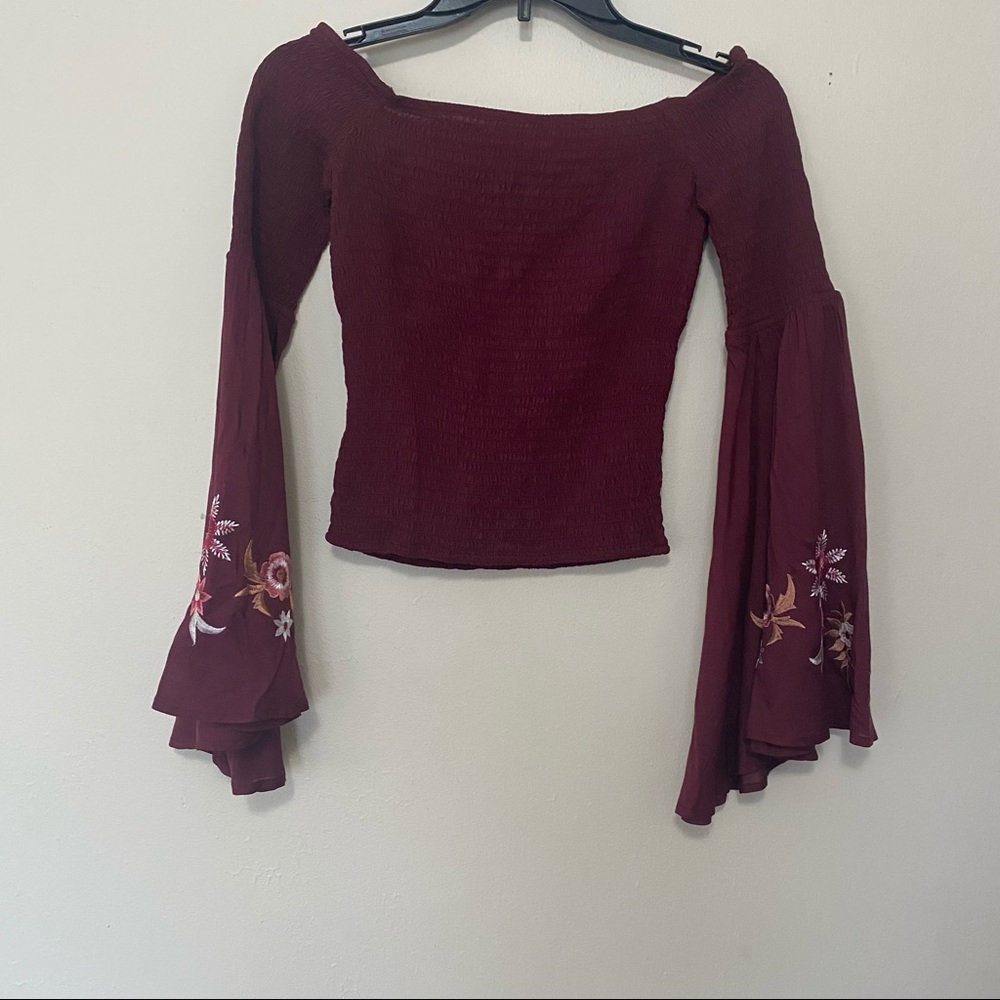 Guess Ruched Bell Sleeve Off Shoulders Embroidered
